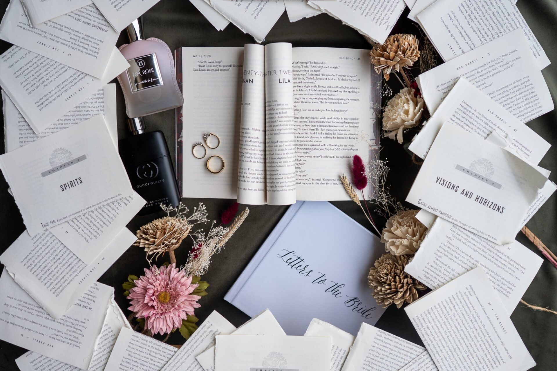 Wedding invitation and rings arranged with floral details