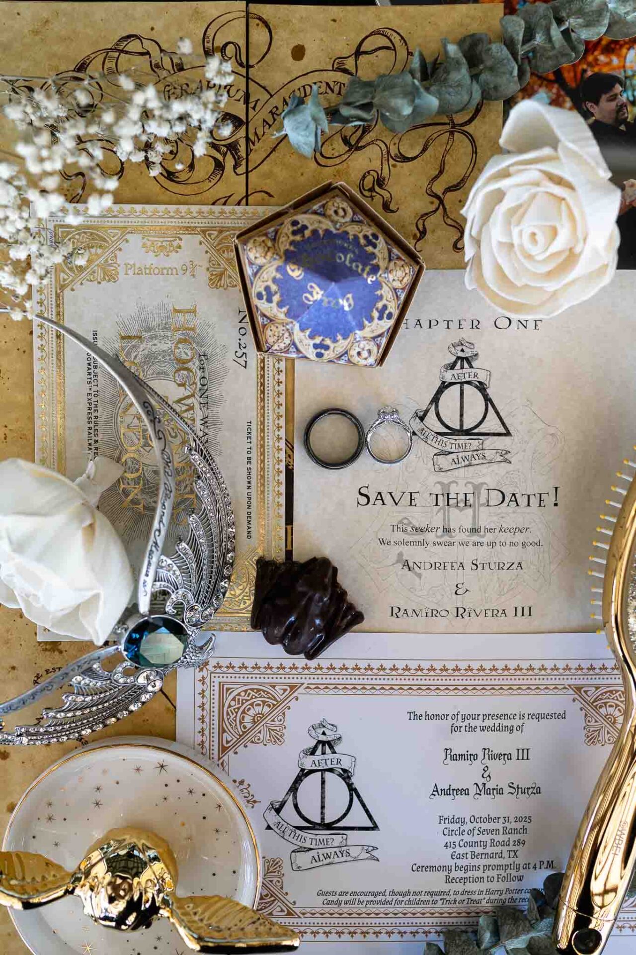 Andreea and Ram’s illustrated wedding invitation with their rings and themed keepsakes.