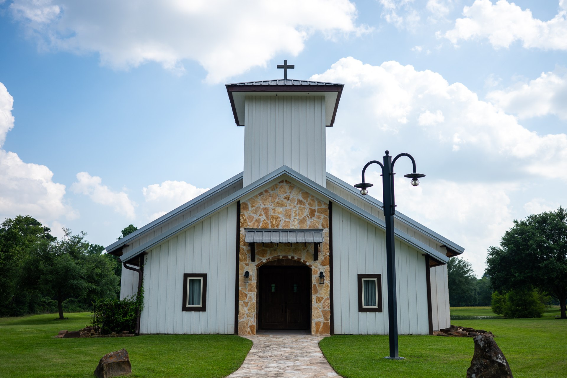 Balmorhea wedding chapel exterior beneath a blue sky